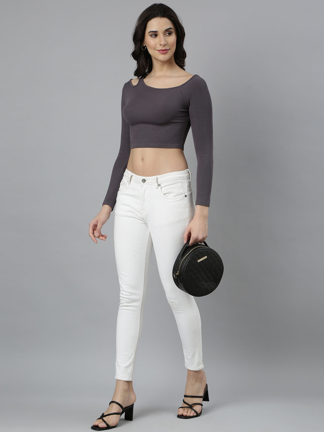 Women's Grey Round Neck Fitted Crop Top