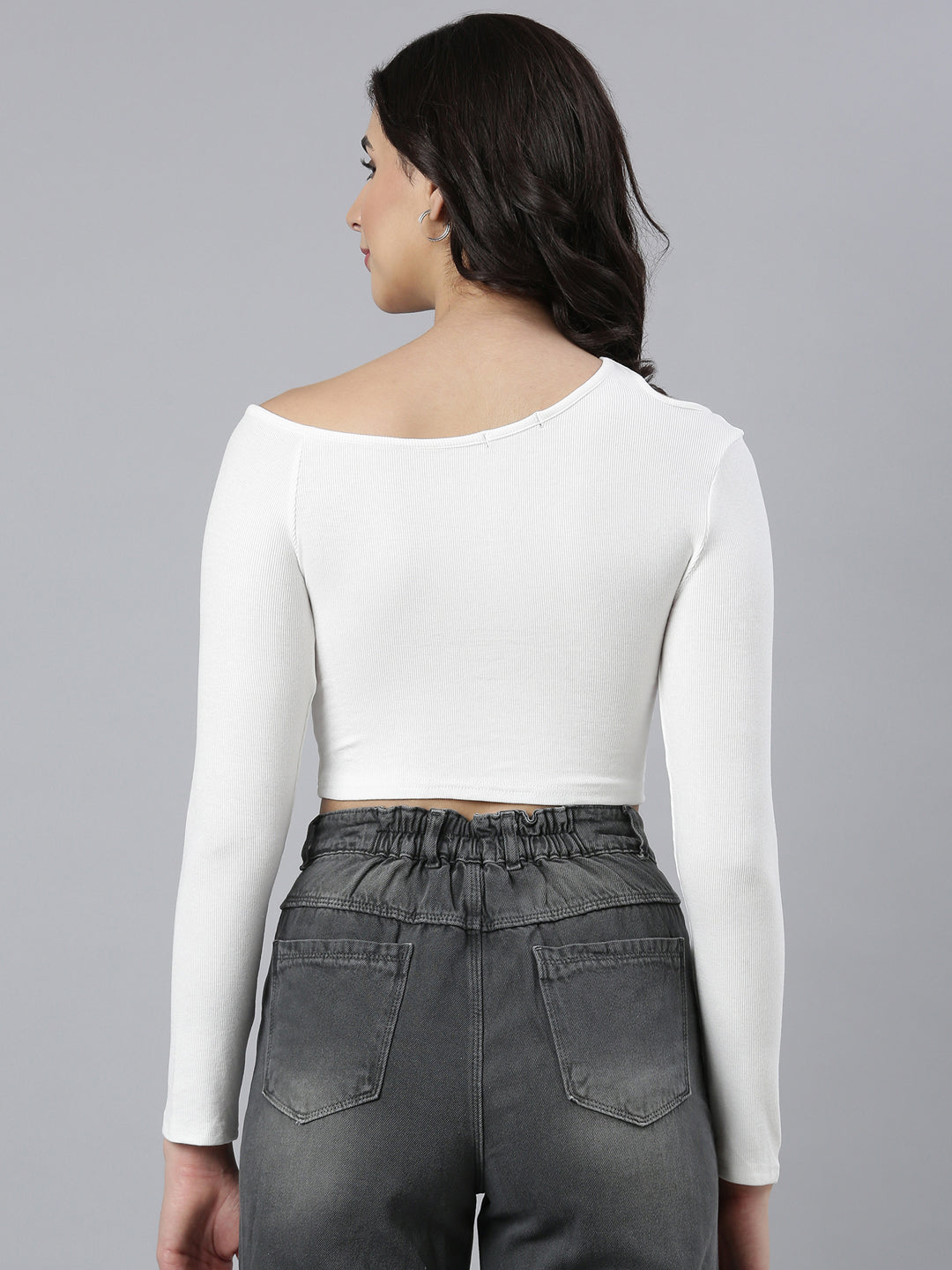Women's White Round Neck Fitted Crop Top