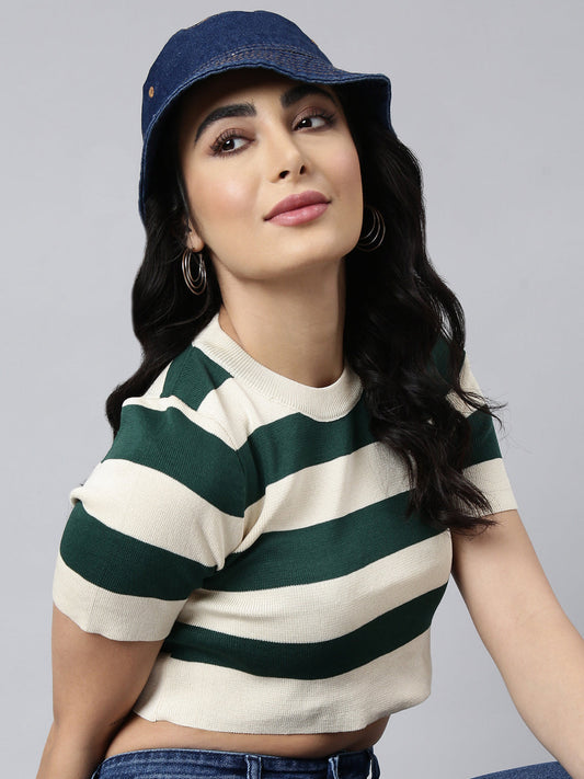 Women's Green Horizontal Stripes Fitted Crop Top
