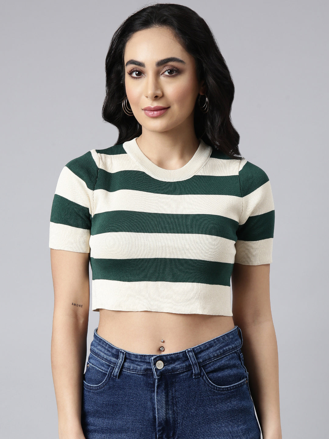 Women's Green Horizontal Stripes Fitted Crop Top