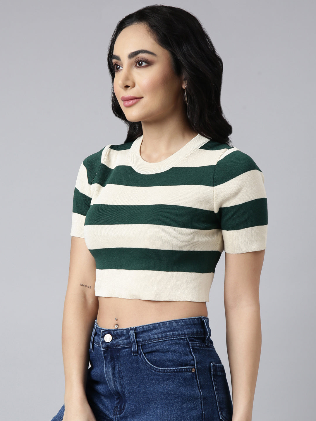 Women's Green Horizontal Stripes Fitted Crop Top