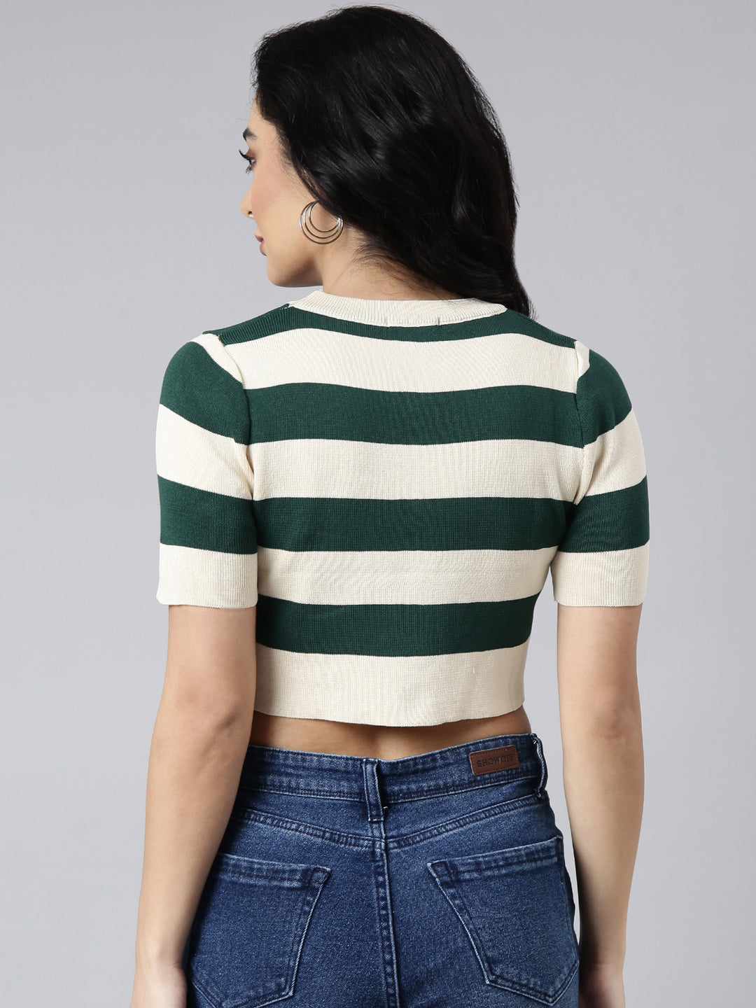 Women's Green Horizontal Stripes Fitted Crop Top