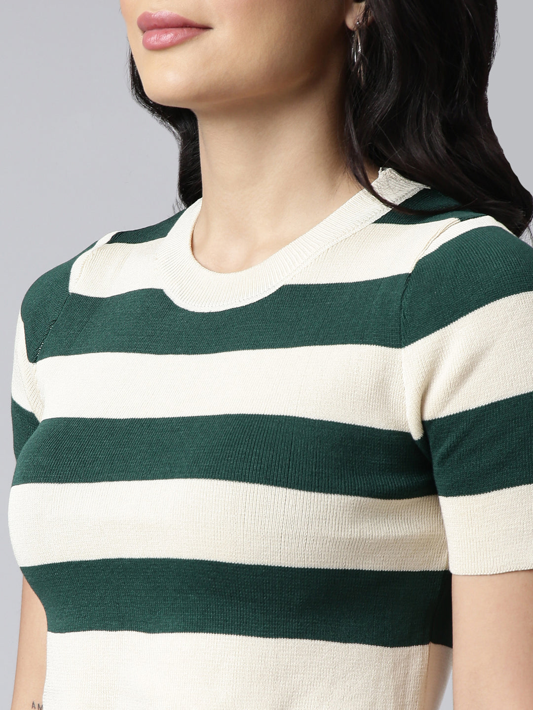 Women's Green Horizontal Stripes Fitted Crop Top