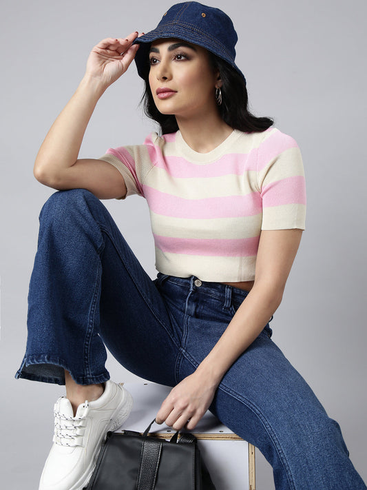 Women's Pink Short Sleeves Round Neck Striped Crop Top