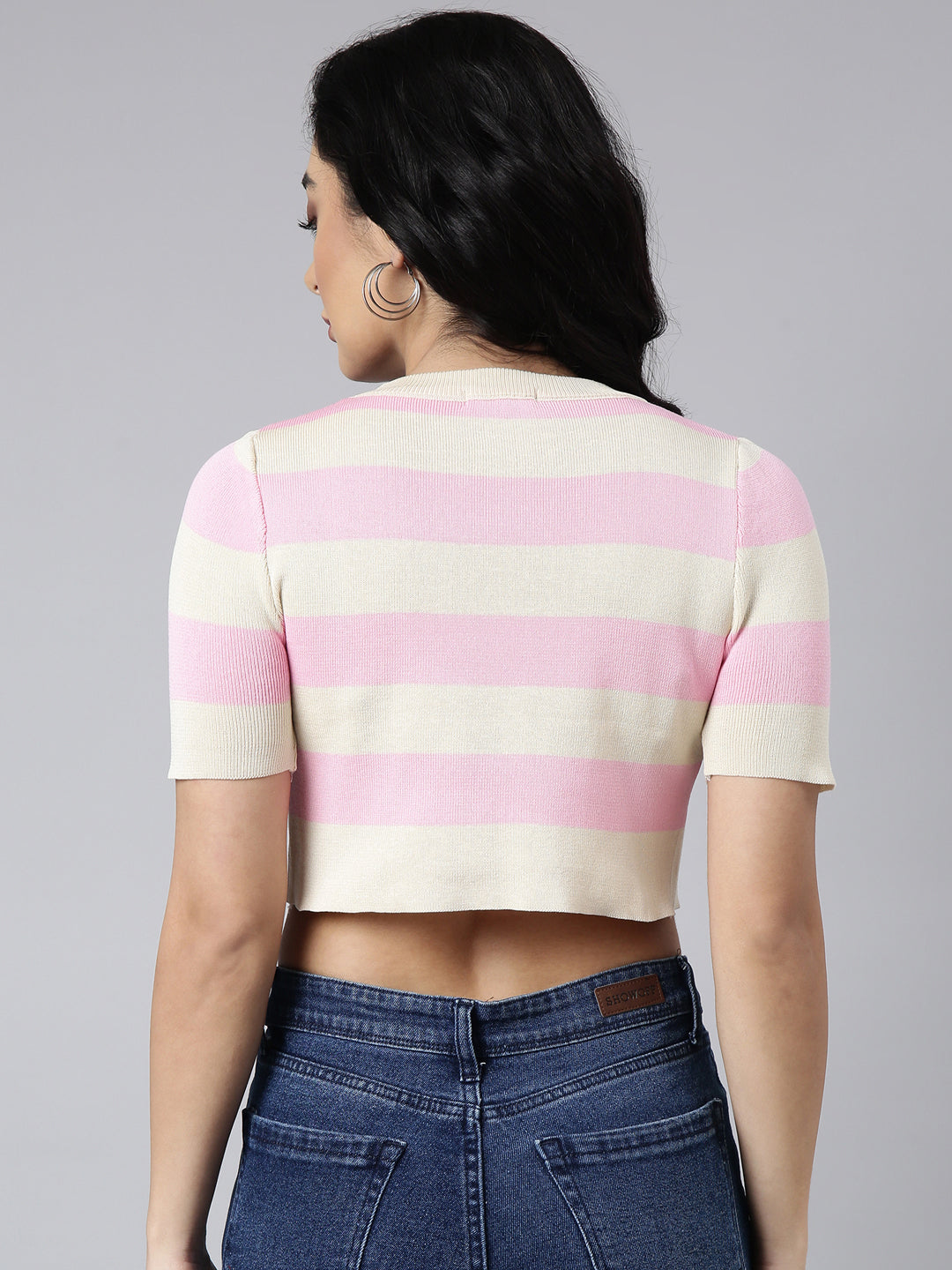 Women's Pink Short Sleeves Round Neck Striped Crop Top