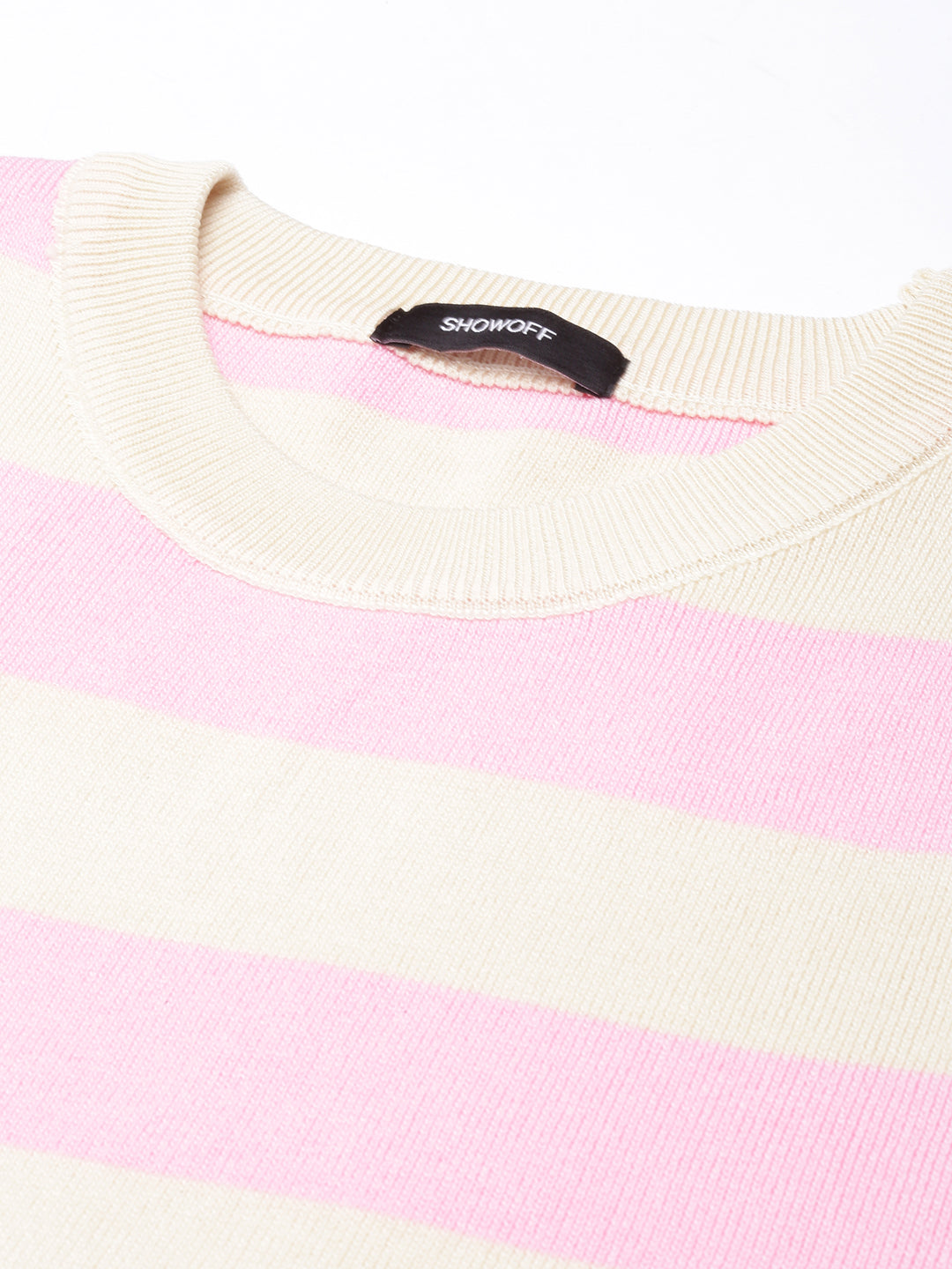 Women's Pink Short Sleeves Round Neck Striped Crop Top
