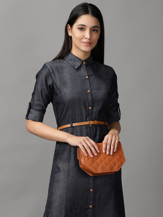 Women's Black Shirt Collar Fit & Flare Dress