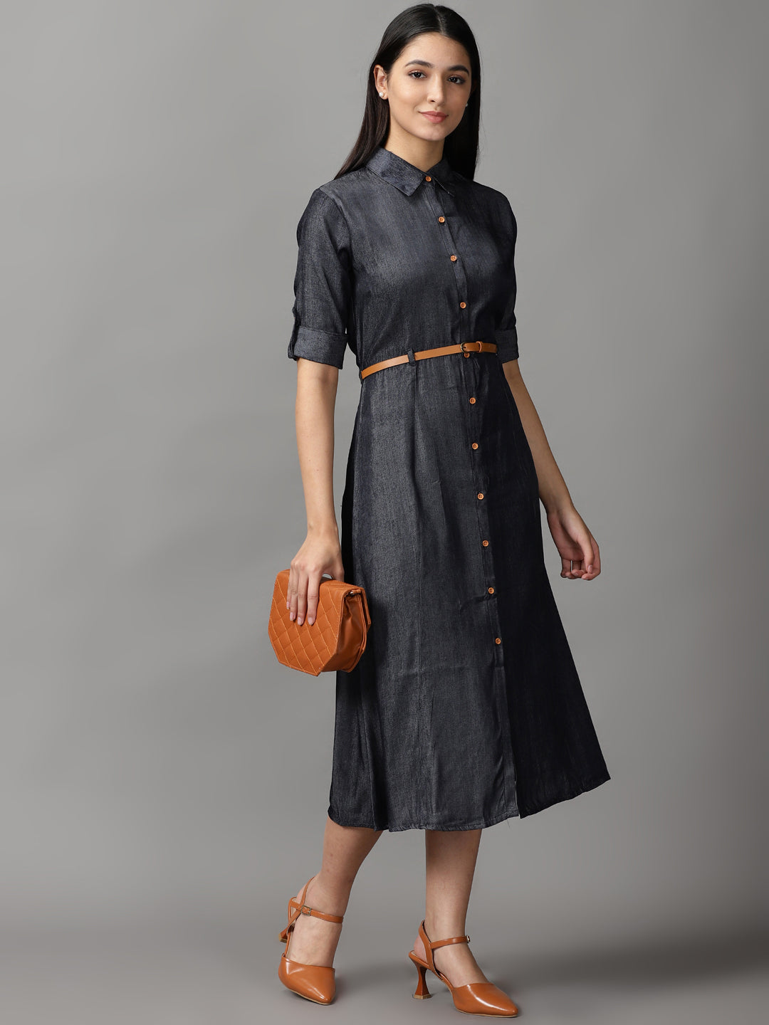 Women's Black Shirt Collar Fit & Flare Dress
