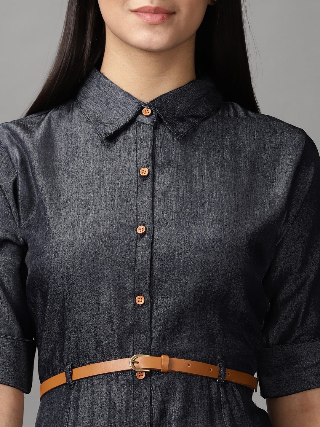 Women's Black Shirt Collar Fit & Flare Dress