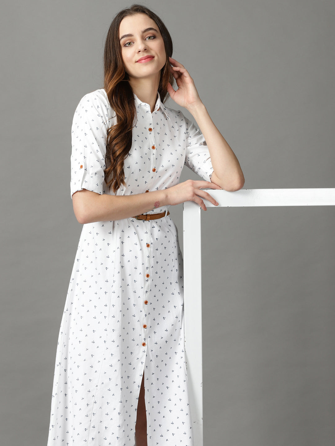 Women's White Floral Printed Shirt Collar Midi Dress