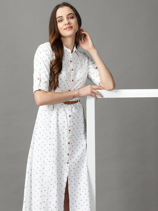 Women's White Floral Printed Shirt Collar Midi Dress