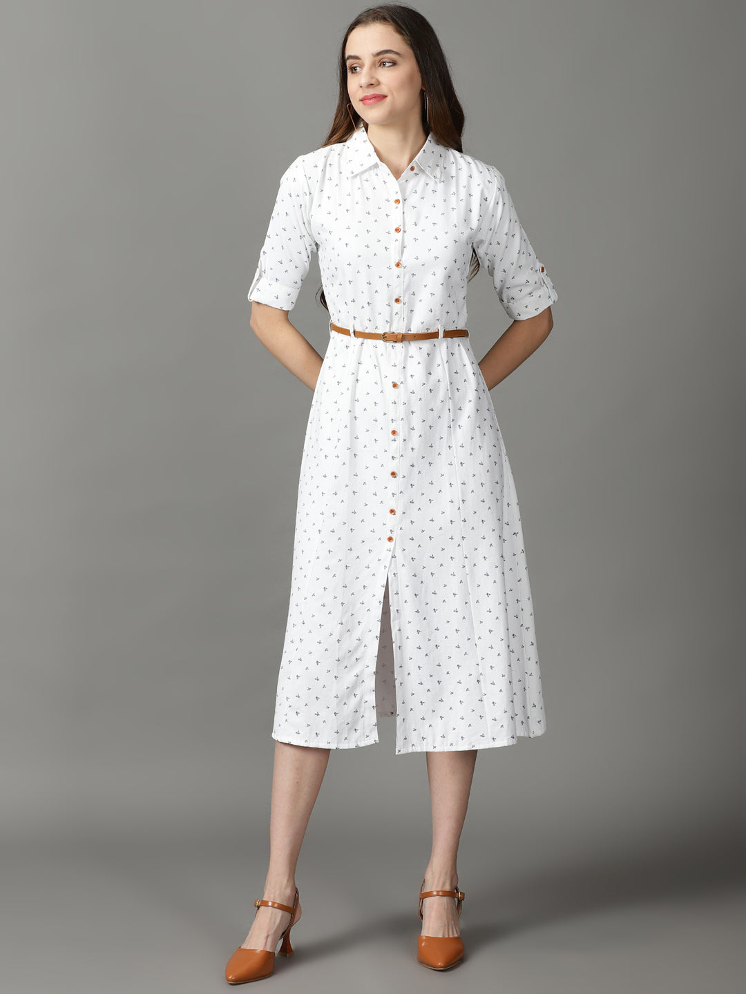 Women's White Floral Printed Shirt Collar Midi Dress