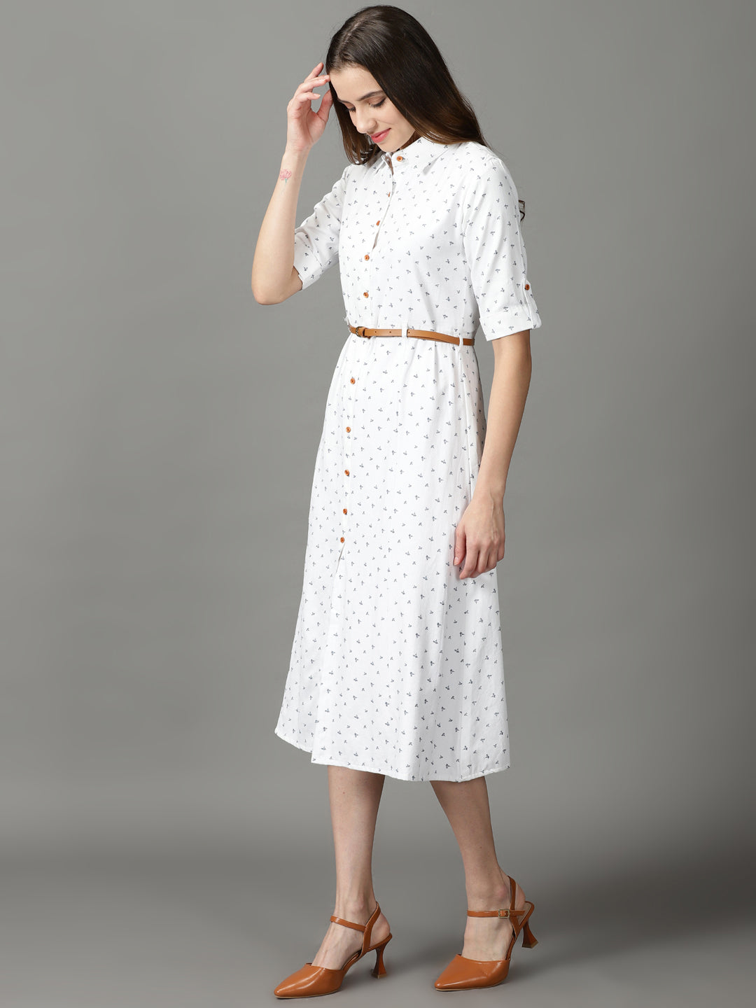 Women's White Floral Printed Shirt Collar Midi Dress