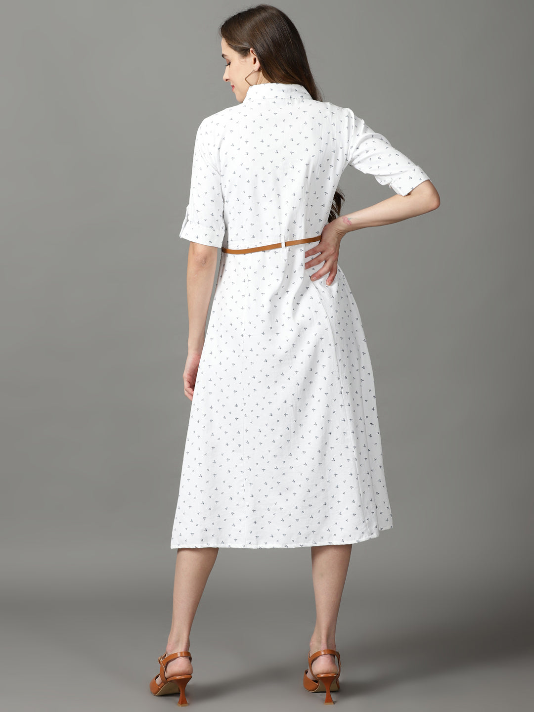 Women's White Floral Printed Shirt Collar Midi Dress