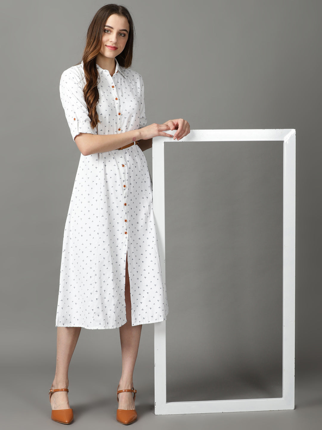 Women's White Floral Printed Shirt Collar Midi Dress