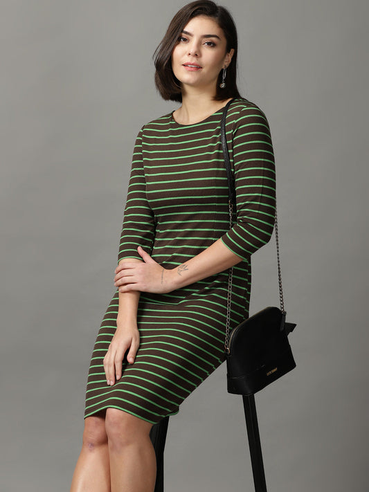 Women's Brown Striped Acrylic Sheath Dress