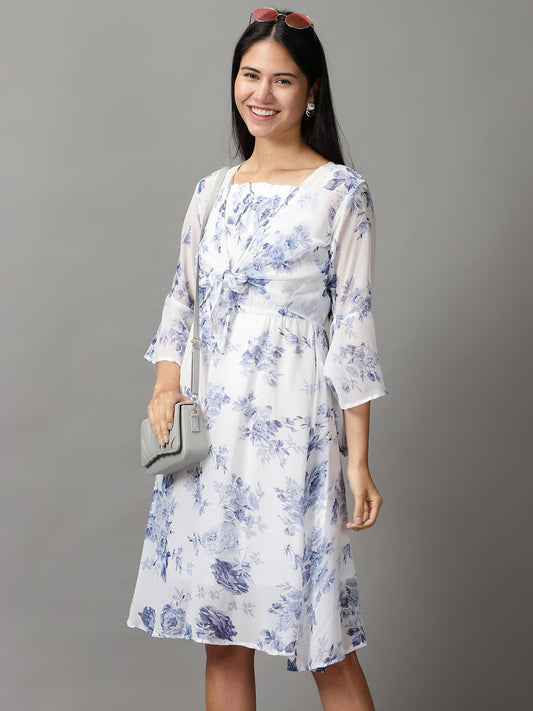 Women's White Floral Fit & Flare Dress