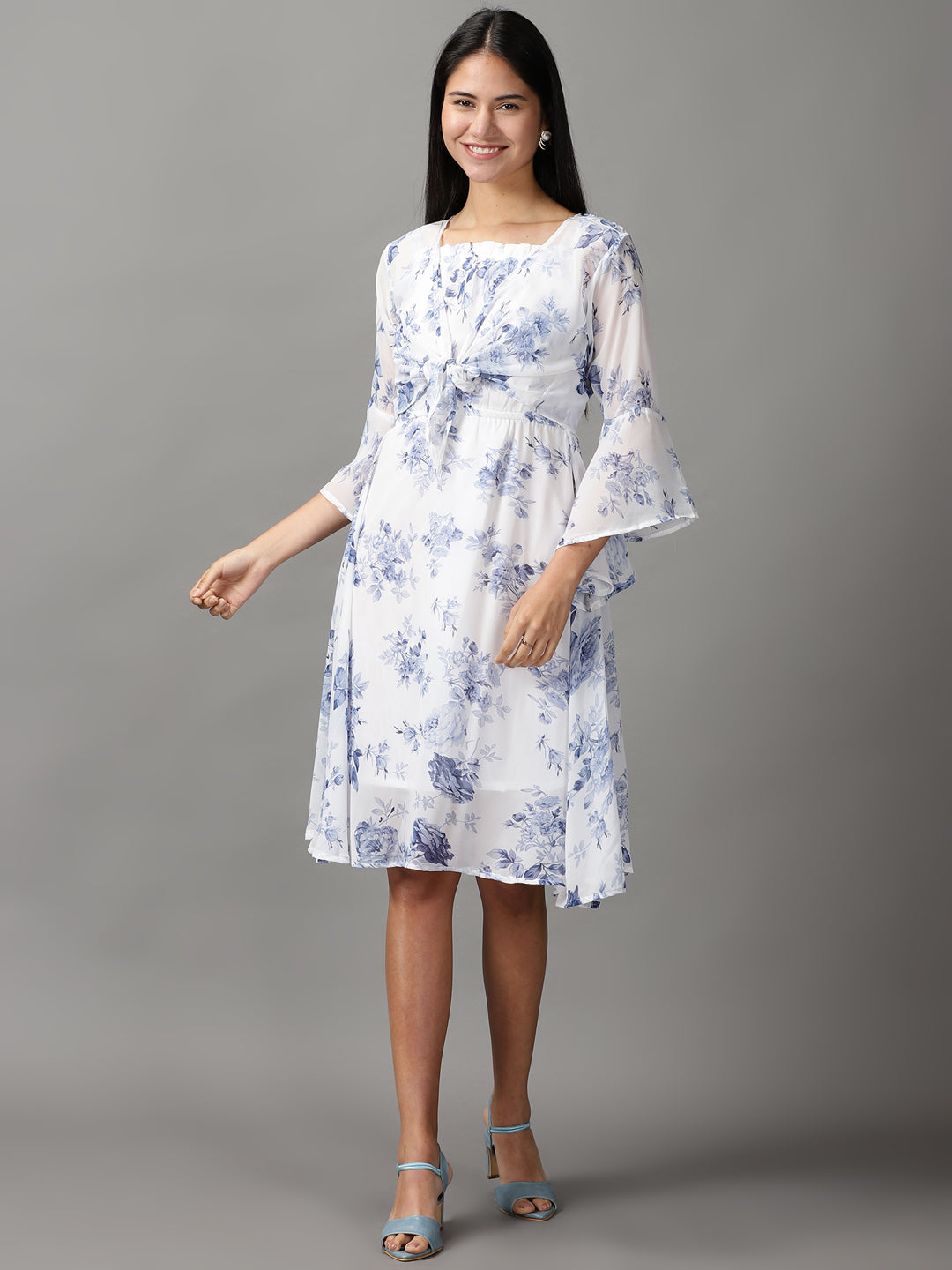 Women's White Floral Fit & Flare Dress