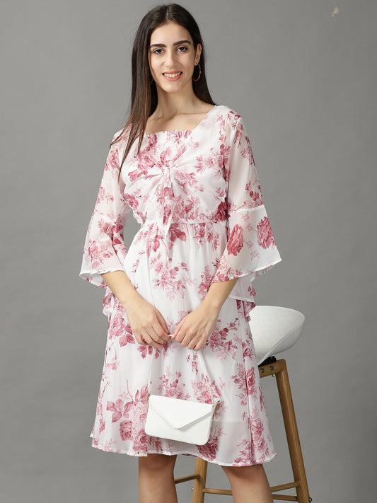 Women's White Floral Printed Tie-Up Detailed A-Line Dress