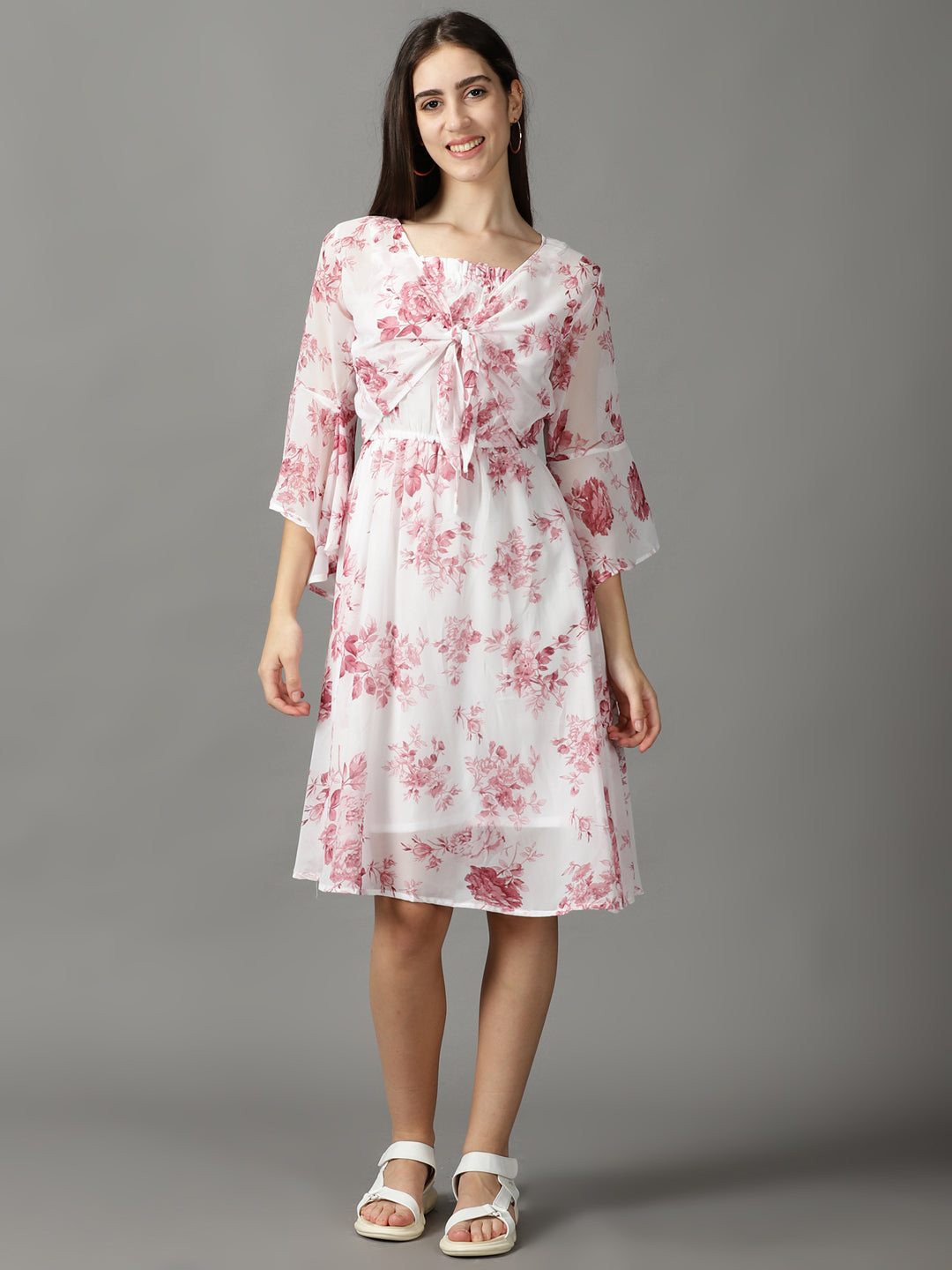 Women's White Floral Printed Tie-Up Detailed A-Line Dress