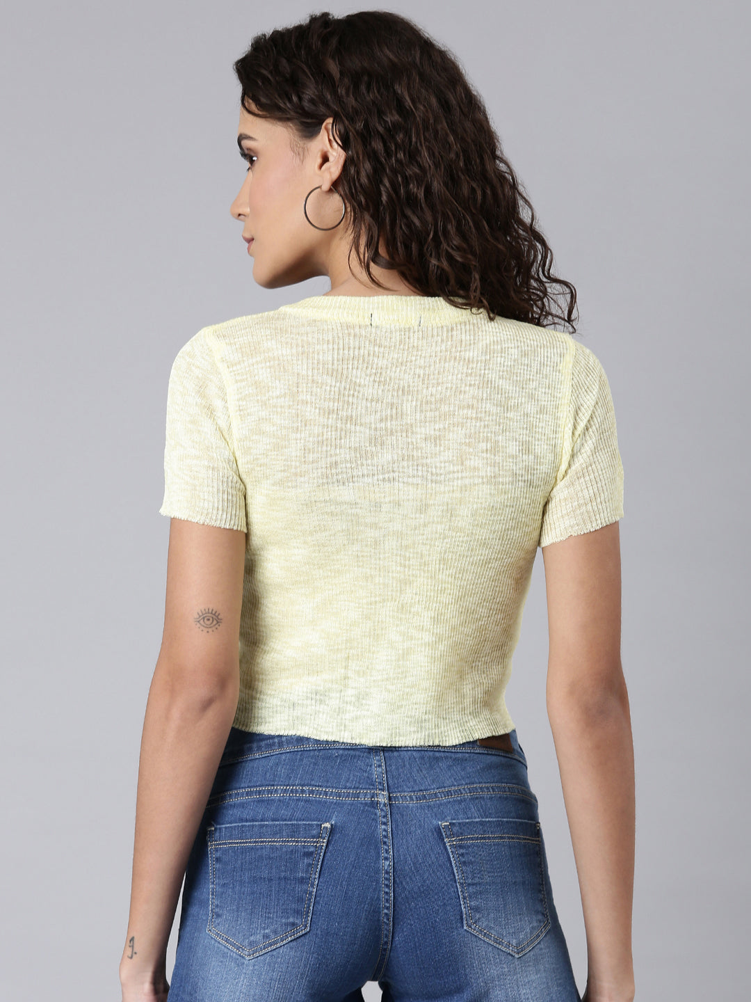 Women's Yellow Round Neck Ribbed Neck Regular Crop Top