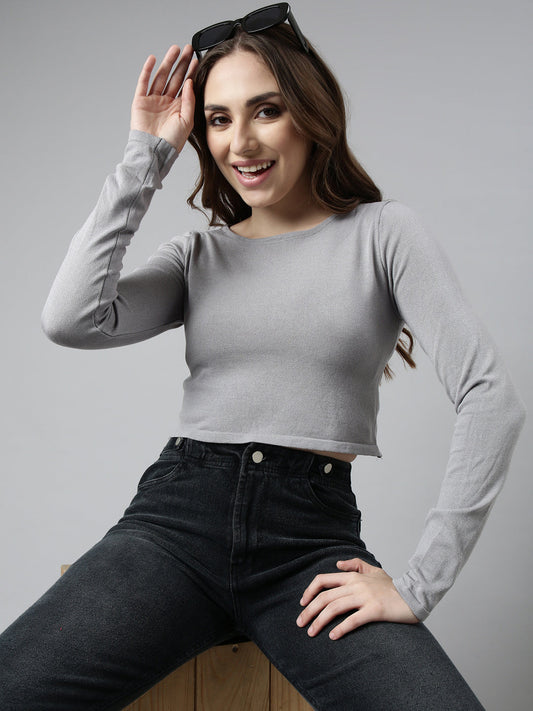 Women's Solid Grey Round Neck Crop Top