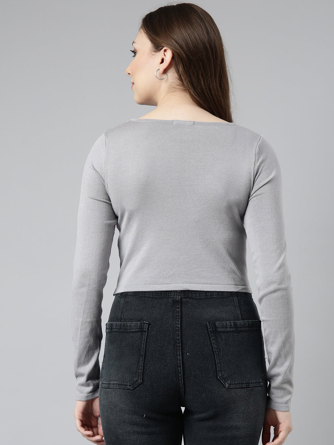 Women's Solid Grey Round Neck Crop Top