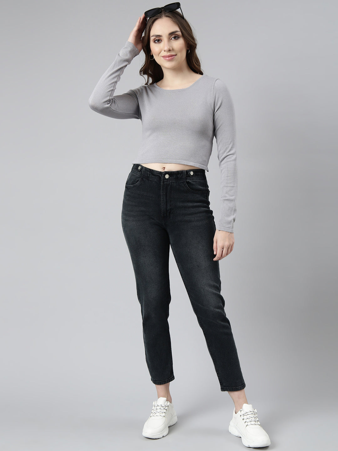 Women's Solid Grey Round Neck Crop Top