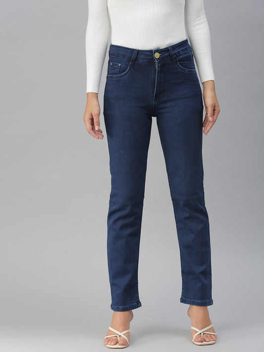 Women's Navy Blue Straight Fit High-Rise Stretchable Jeans