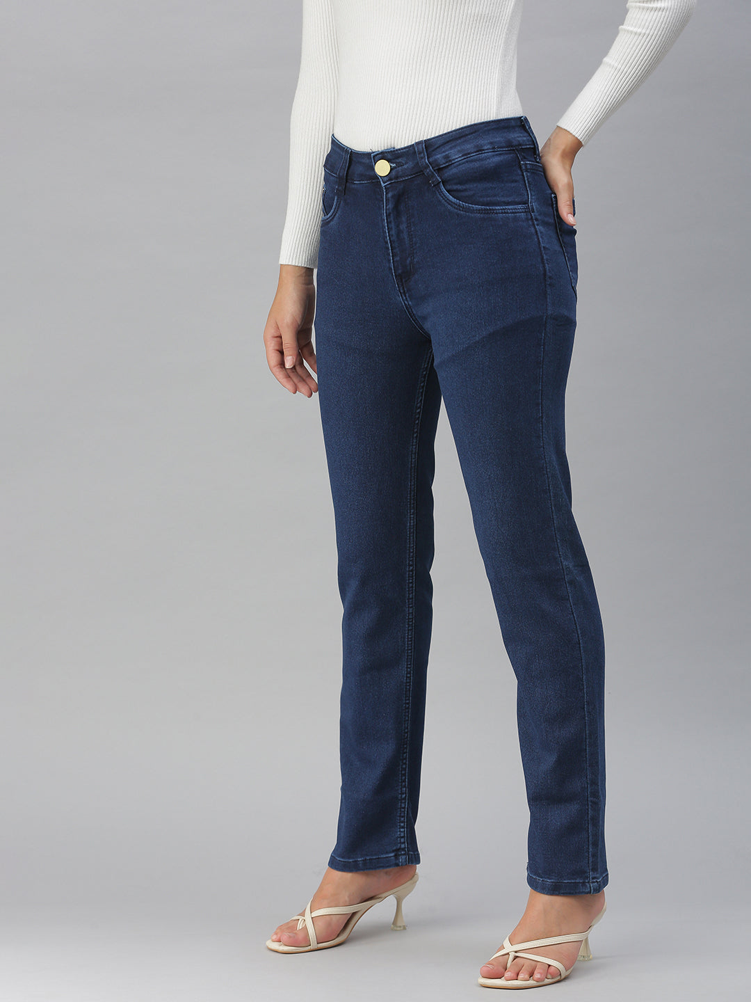 Women's Navy Blue Straight Fit High-Rise Stretchable Jeans
