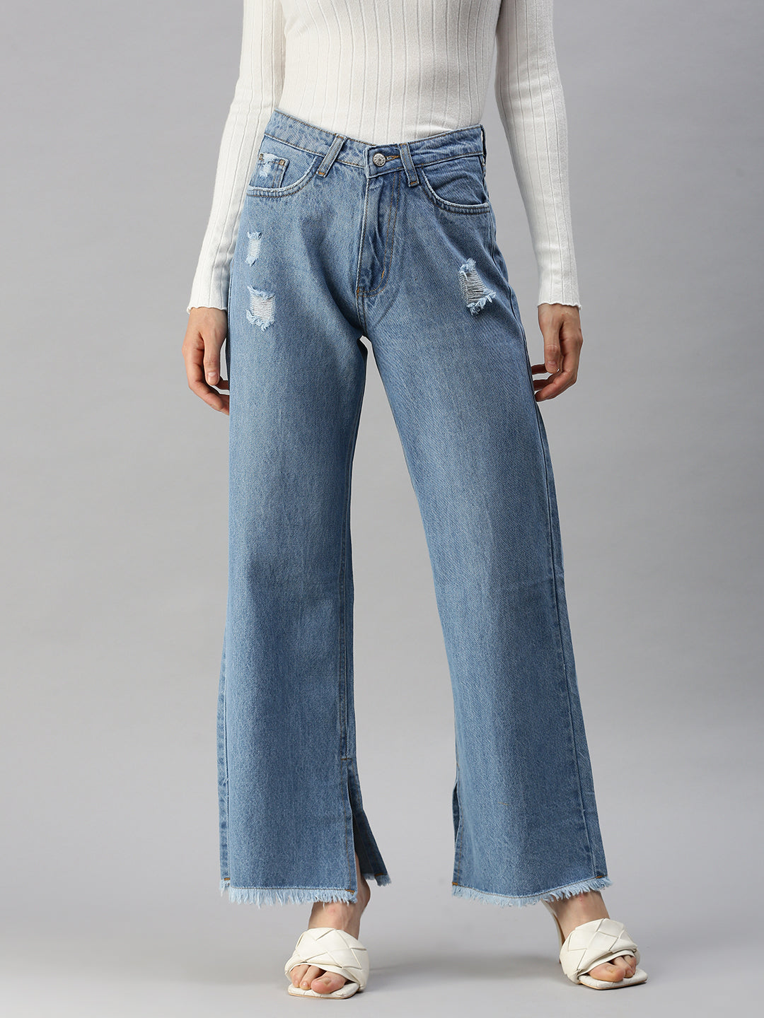 Women's Blue Wide Leg High-Rise Mildly Distressed Heavy Fade Jeans