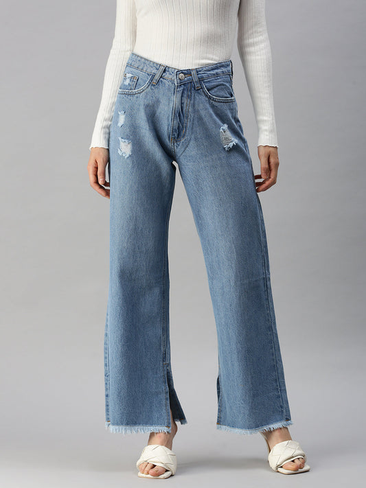 Women's Blue Wide Leg High-Rise Mildly Distressed Heavy Fade Jeans