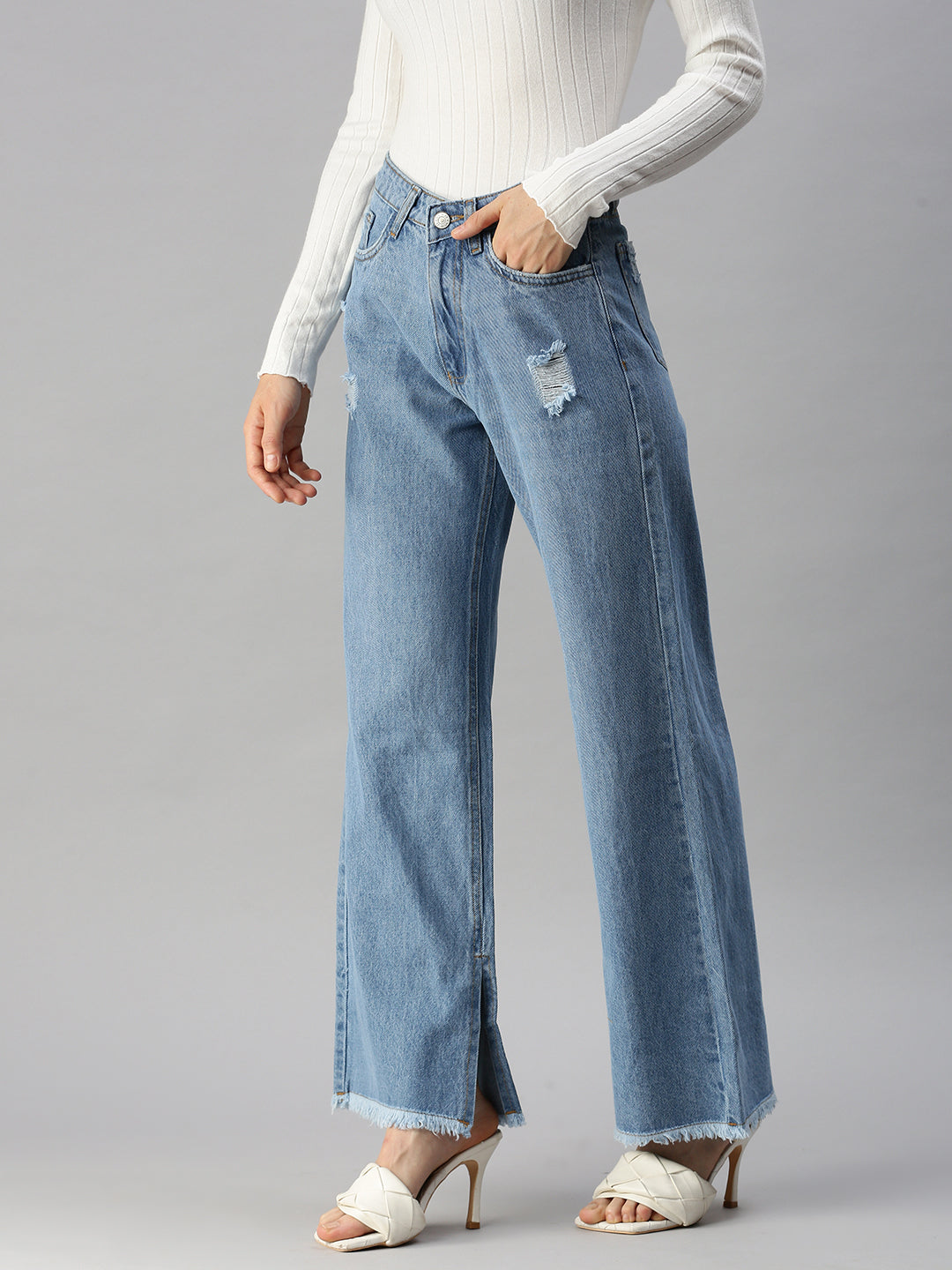 Women's Blue Wide Leg High-Rise Mildly Distressed Heavy Fade Jeans