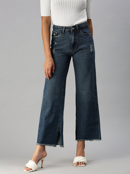 Women's Blue Wide Leg High-Rise Low Distress Light Fade Jeans