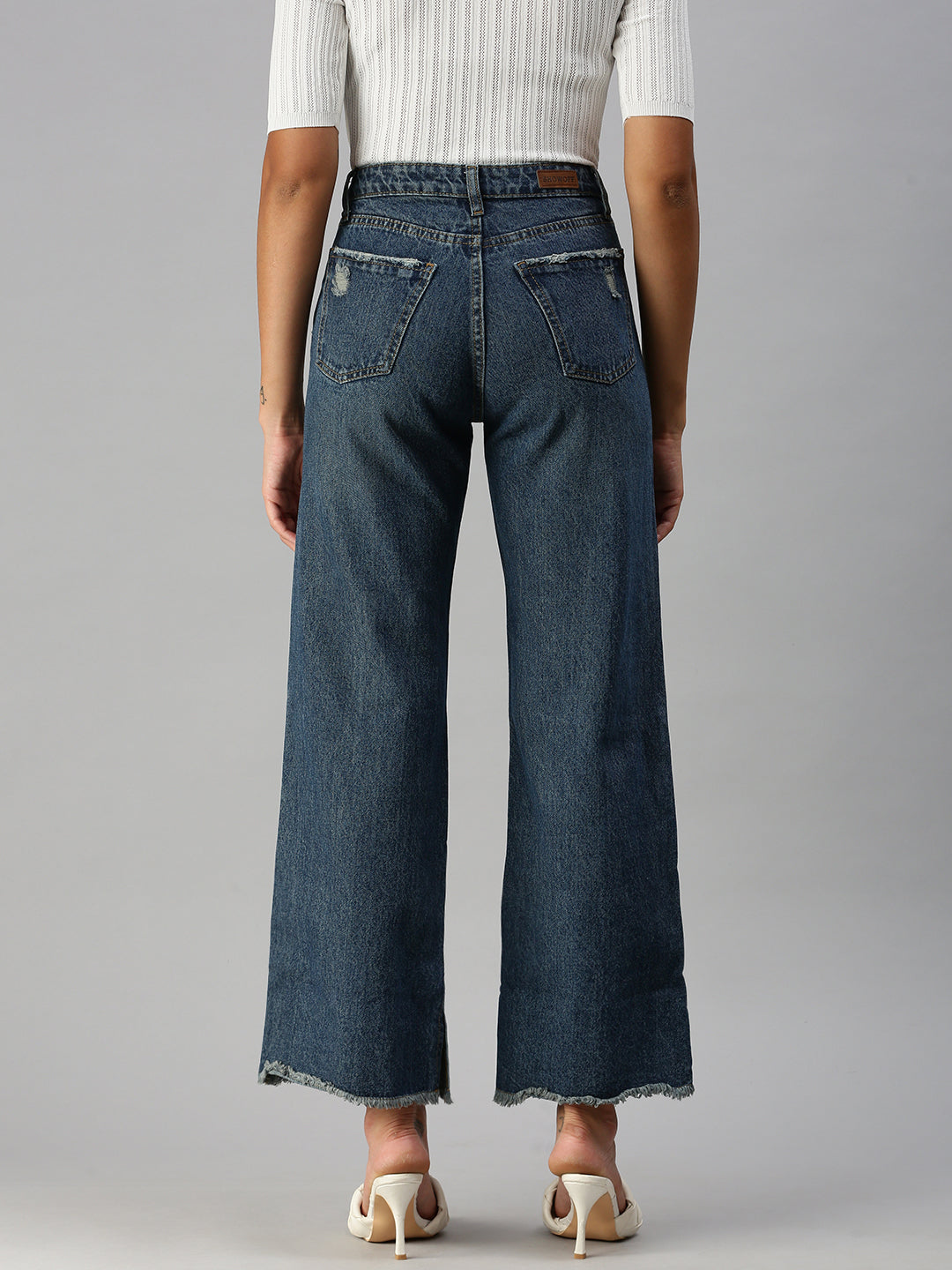 Women's Blue Wide Leg High-Rise Low Distress Light Fade Jeans