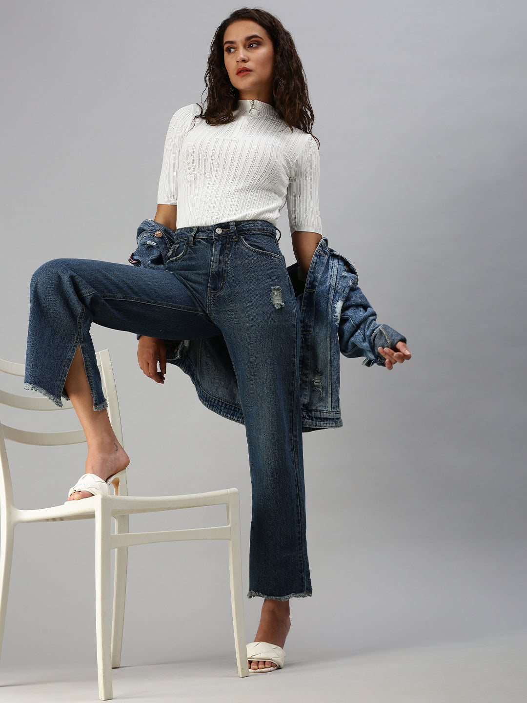 Women's Blue Wide Leg High-Rise Low Distress Light Fade Jeans