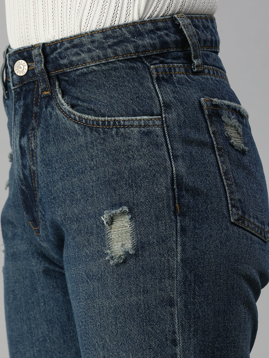 Women's Blue Wide Leg High-Rise Low Distress Light Fade Jeans