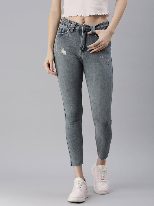 Women's Blue Slim Fit High-Rise Mildly Distressed Heavy Fade Stretchable Jeans