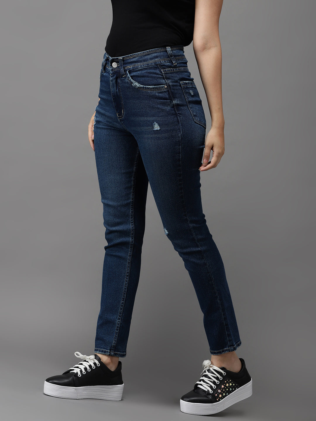Women's Blue Jean Slim Fit High-Rise Low Distress Light Fade Stretchable Jeans