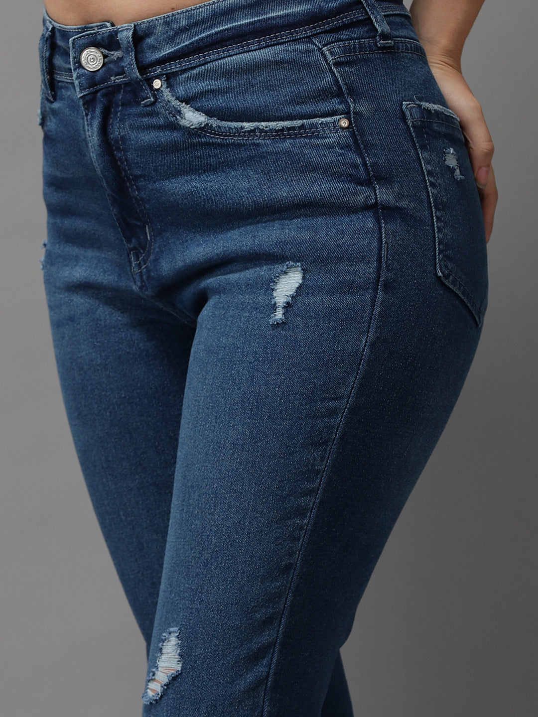 Women's Blue Jean Slim Fit High-Rise Mildly Distressed Light Fade Stretchable Jeans