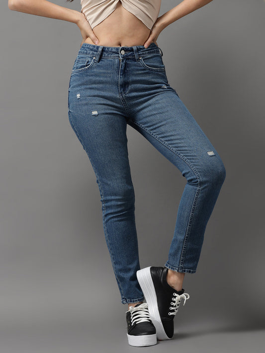 Women's Blue Jean Slim Fit High-Rise Low Distress Light Fade Stretchable Jeans