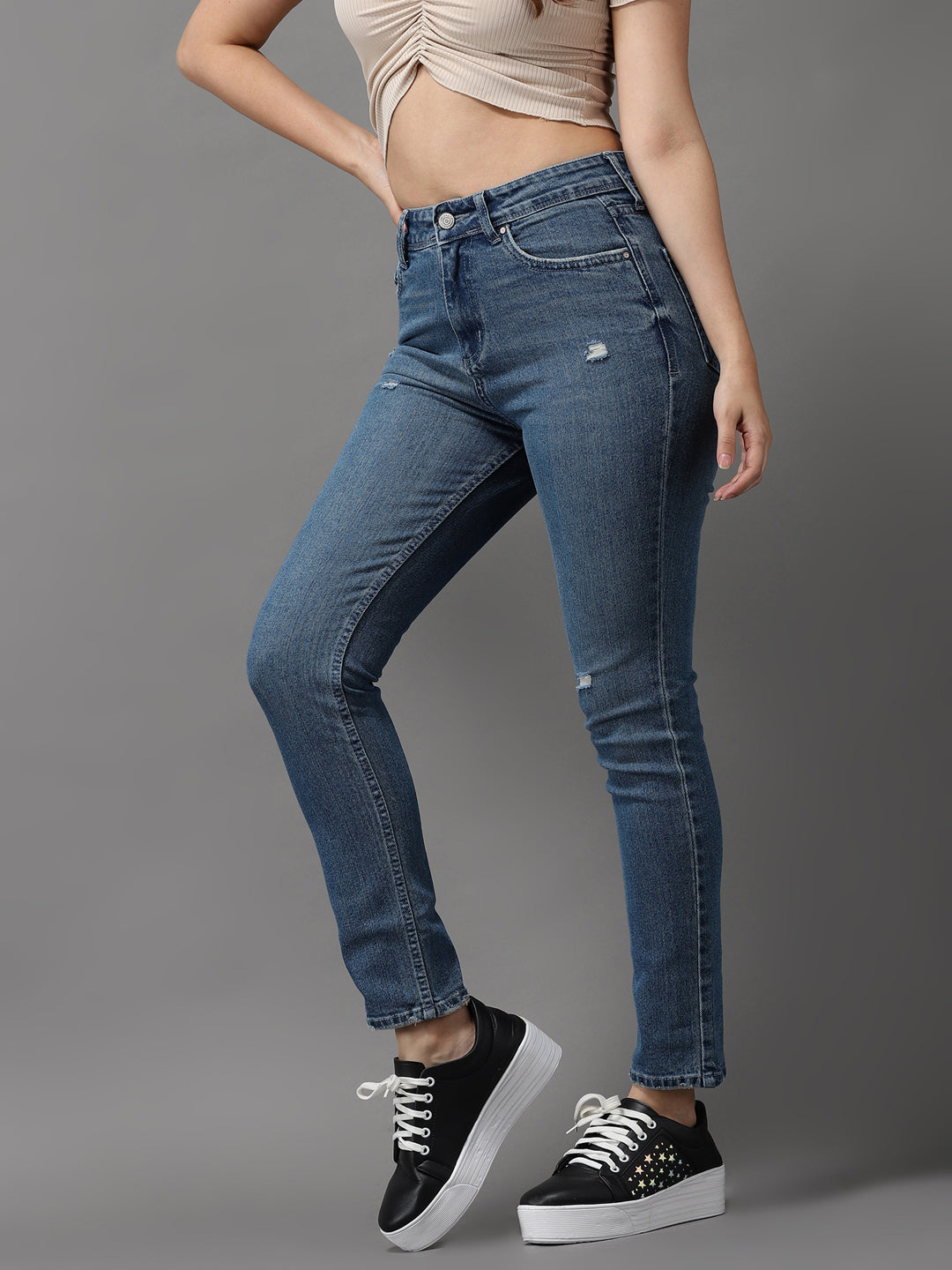 Women's Blue Jean Slim Fit High-Rise Low Distress Light Fade Stretchable Jeans
