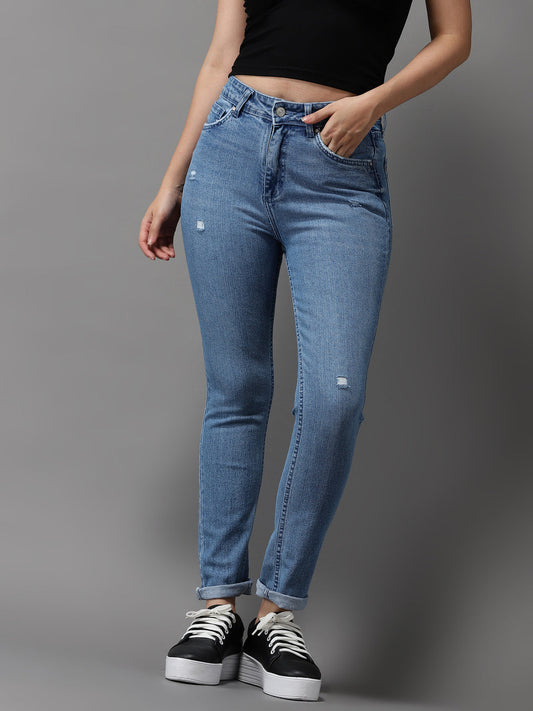 Women's Blue Jean Slim Fit High-Rise Mildly Distressed Light Fade Stretchable Jeans