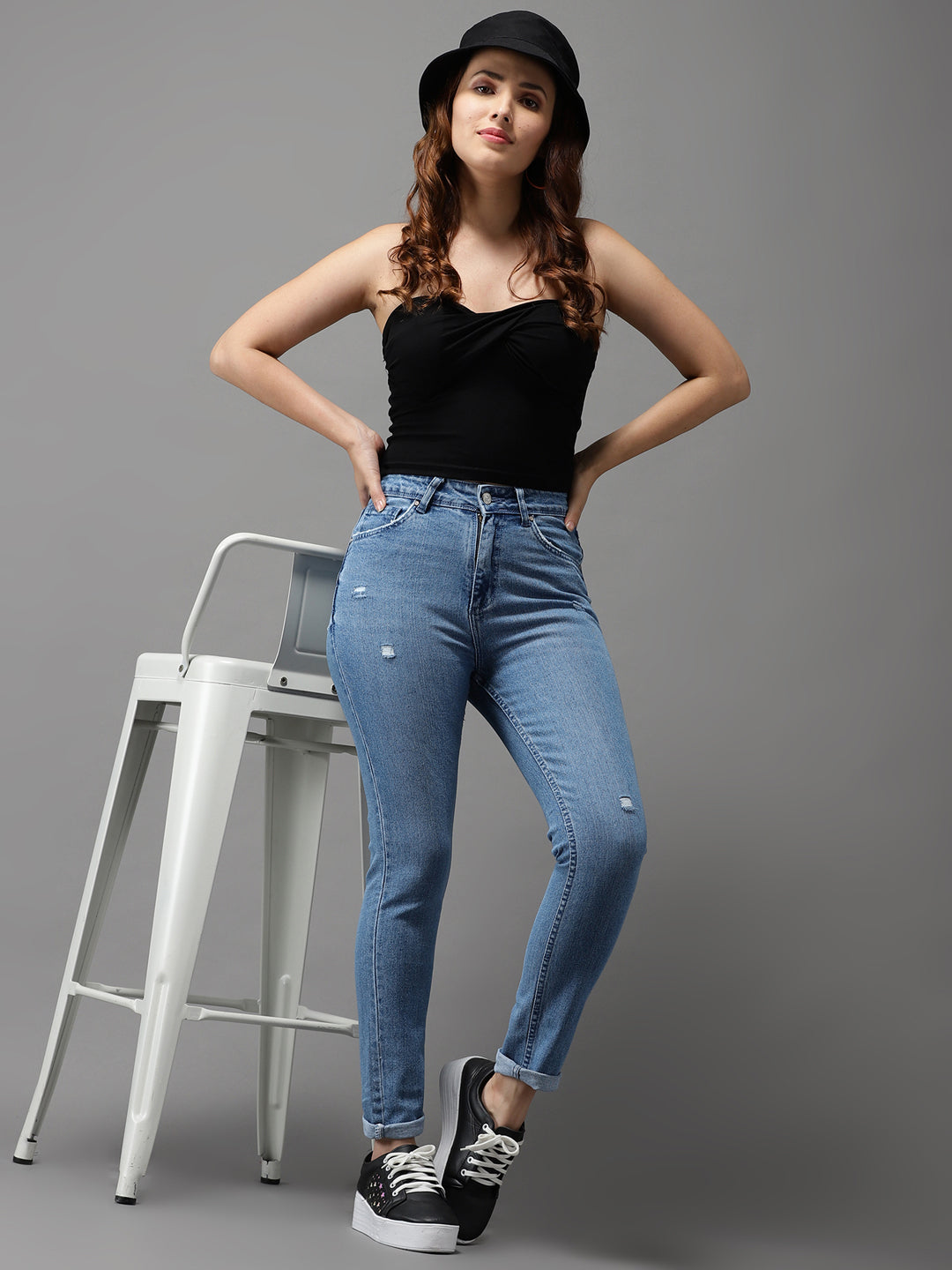 Women's Blue Jean Slim Fit High-Rise Mildly Distressed Light Fade Stretchable Jeans