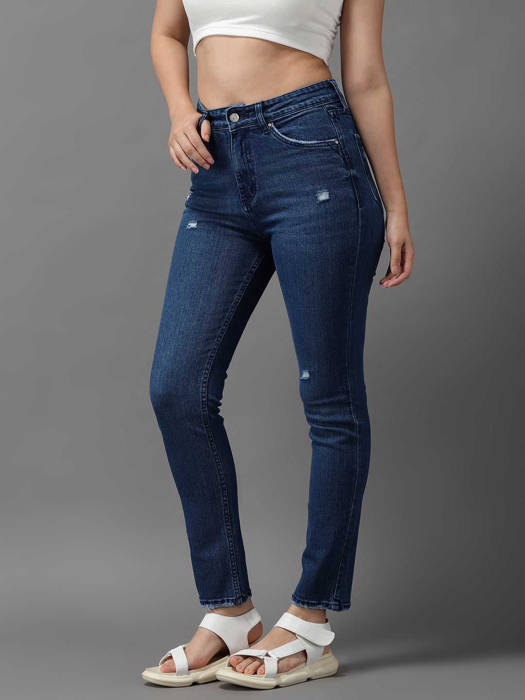 Women's Navy Blue Jean Slim Fit High-Rise Low Distress Light Fade Stretchable Jeans