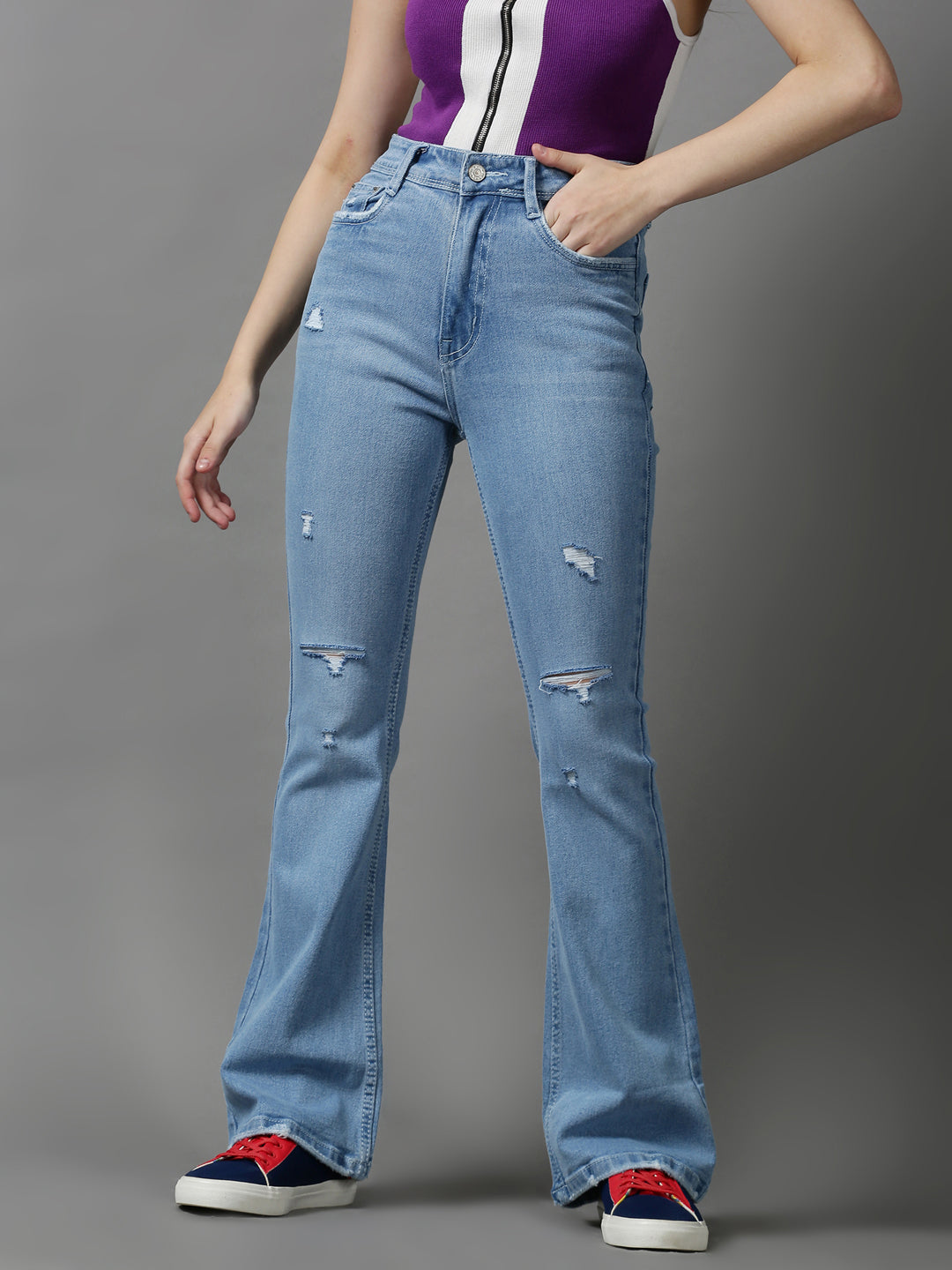 Women's Blue Bootcut Mildly Distressed Light Fade Stretchable Denim Jeans