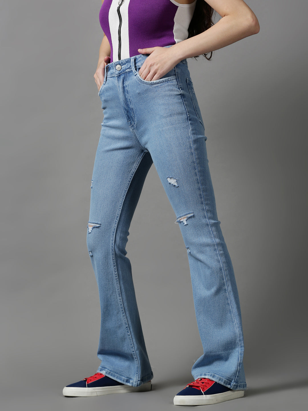 Women's Blue Bootcut Mildly Distressed Light Fade Stretchable Denim Jeans