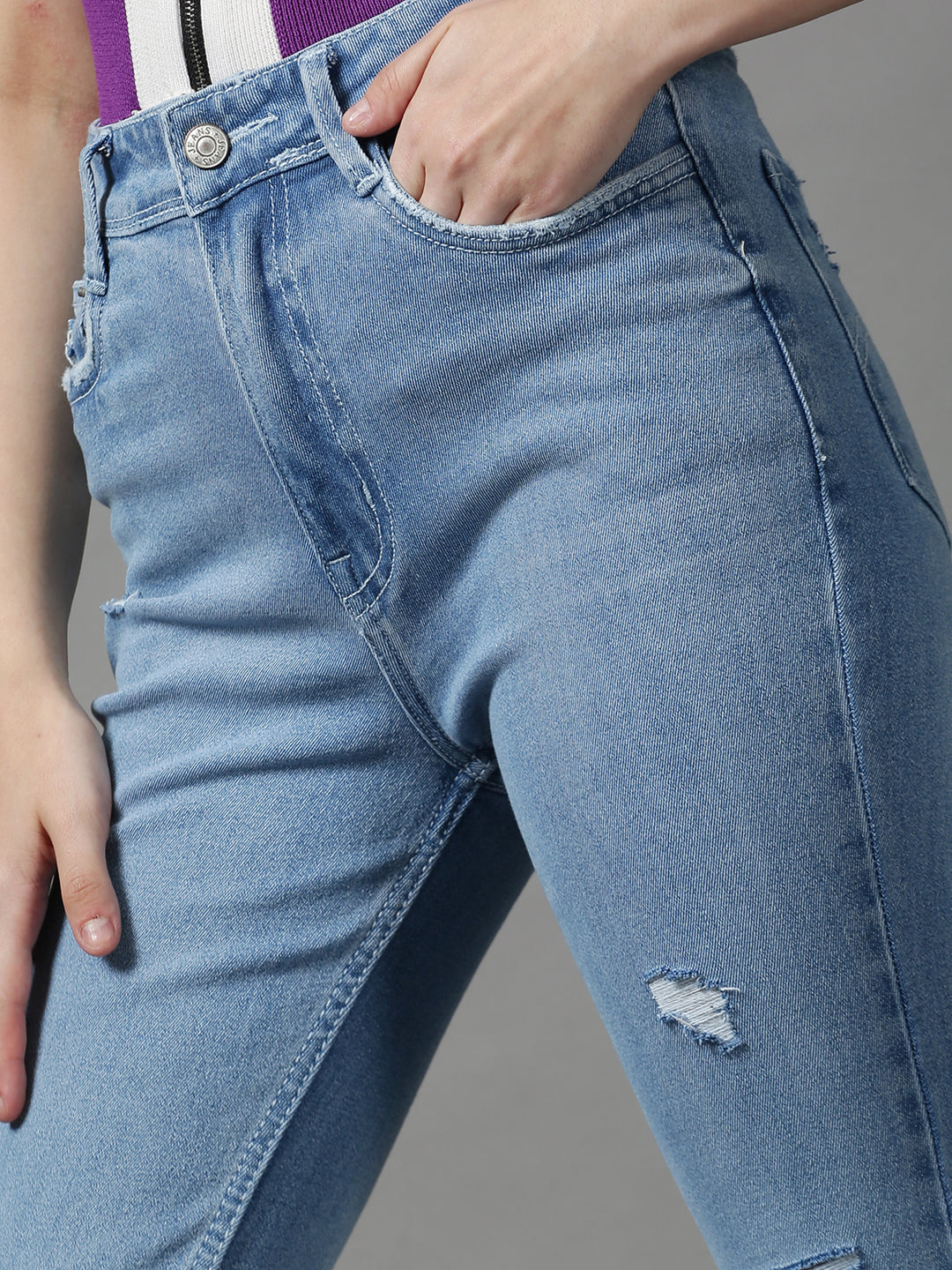 Women's Blue Bootcut Mildly Distressed Light Fade Stretchable Denim Jeans