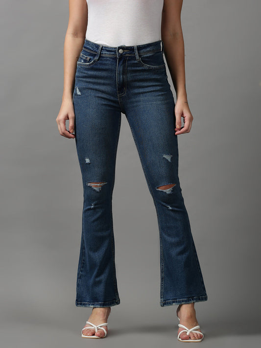Women's Blue Bootcut Mildly Distressed Light Fade Denim Jeans