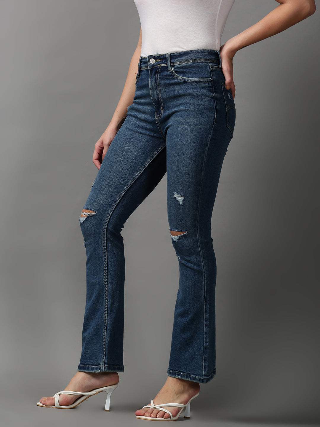 Women's Blue Bootcut Mildly Distressed Light Fade Denim Jeans